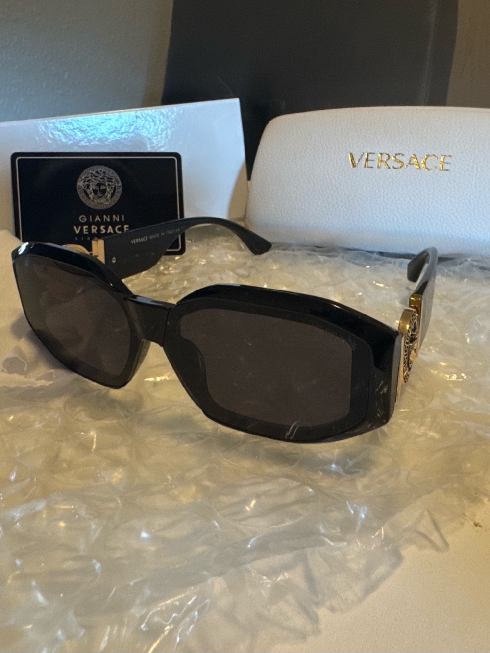 Versace Black Sunglasses with Gold Medusa Side Accent . Authentic, unisex